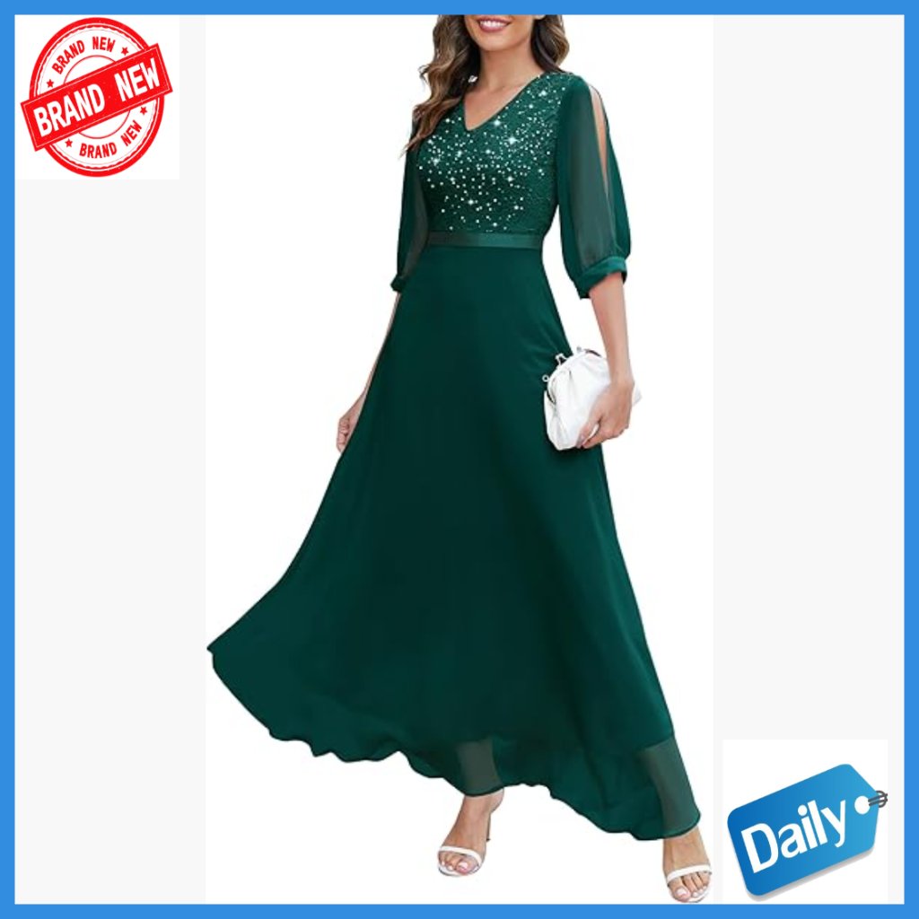 Sequin Maxi Dress Split Sleeves Formal Evening Gown V-Neck Zipper
